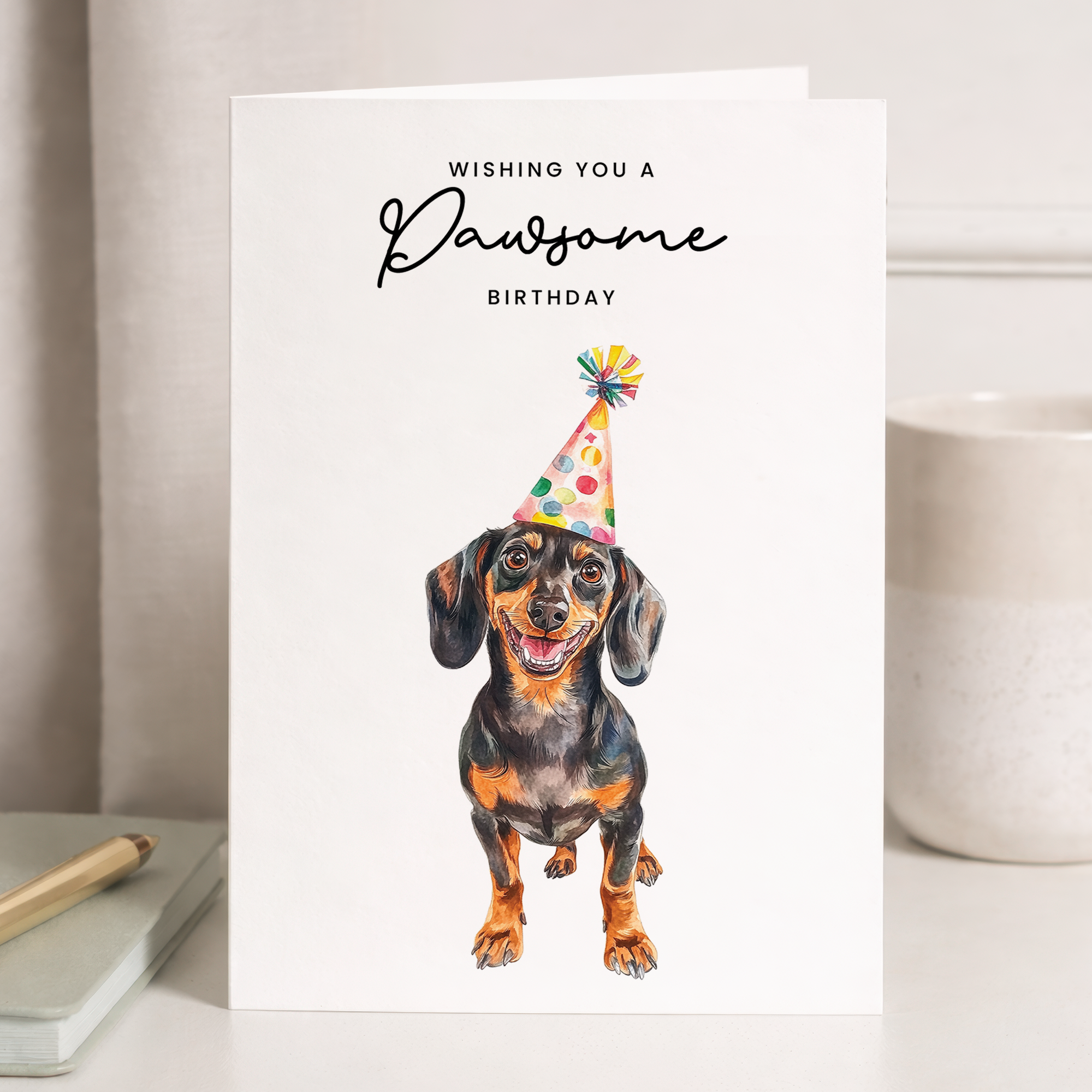 Dachshund Birthday Card – Sausage Dog Lover Card with Party Hat – Pawsome Birthday Greeting Card for Dog Owners