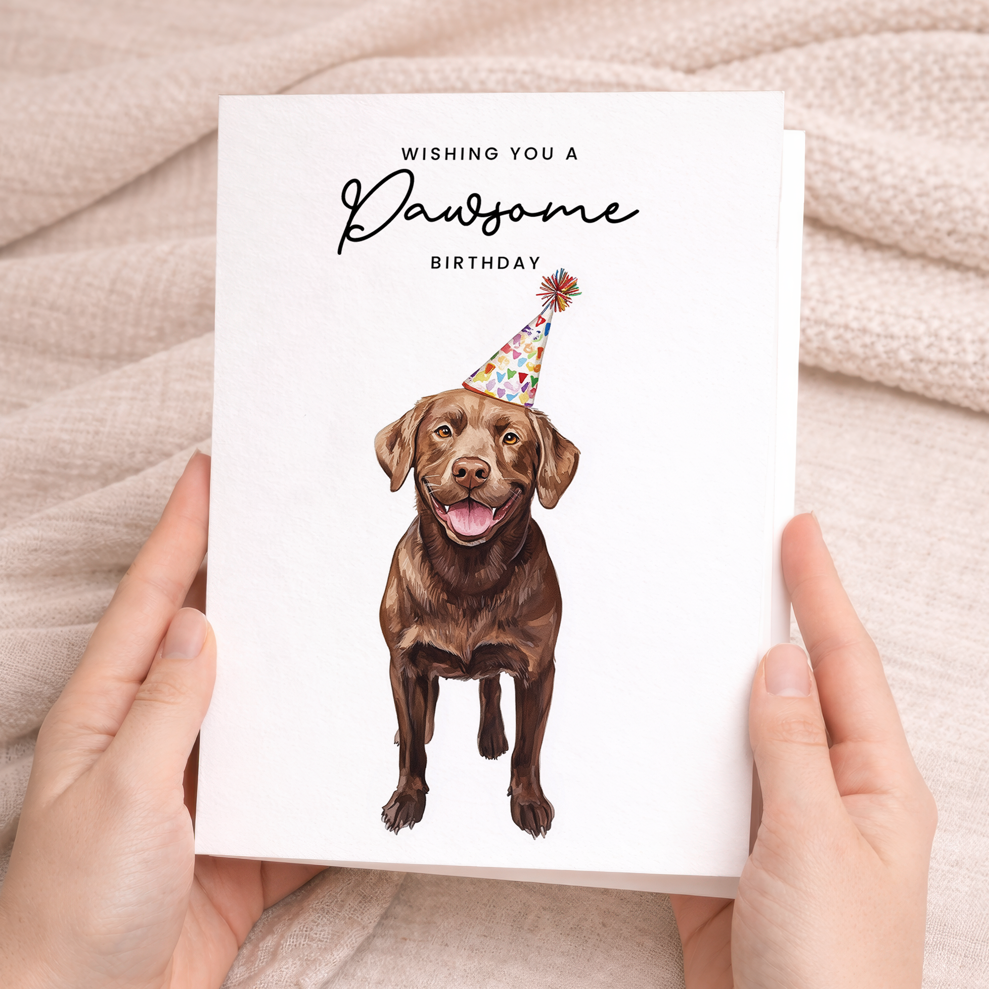 A chocolate Labrador retriever wearing a colorful party hat on a minimalist birthday card with the text Wishing You a Pawsome Birthday.