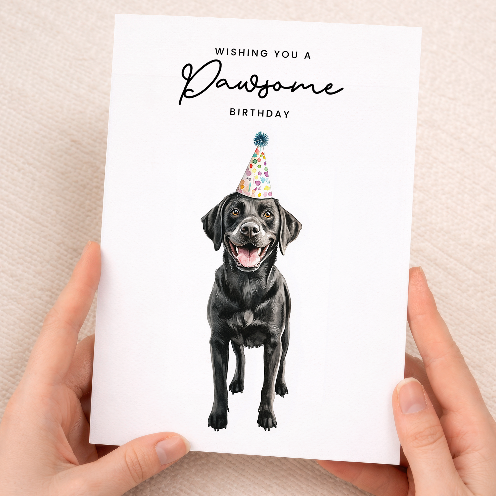 Illustration of a black labrador dog wearing a colorful party hat with the caption Wishing You a Pawsome Birthday.
