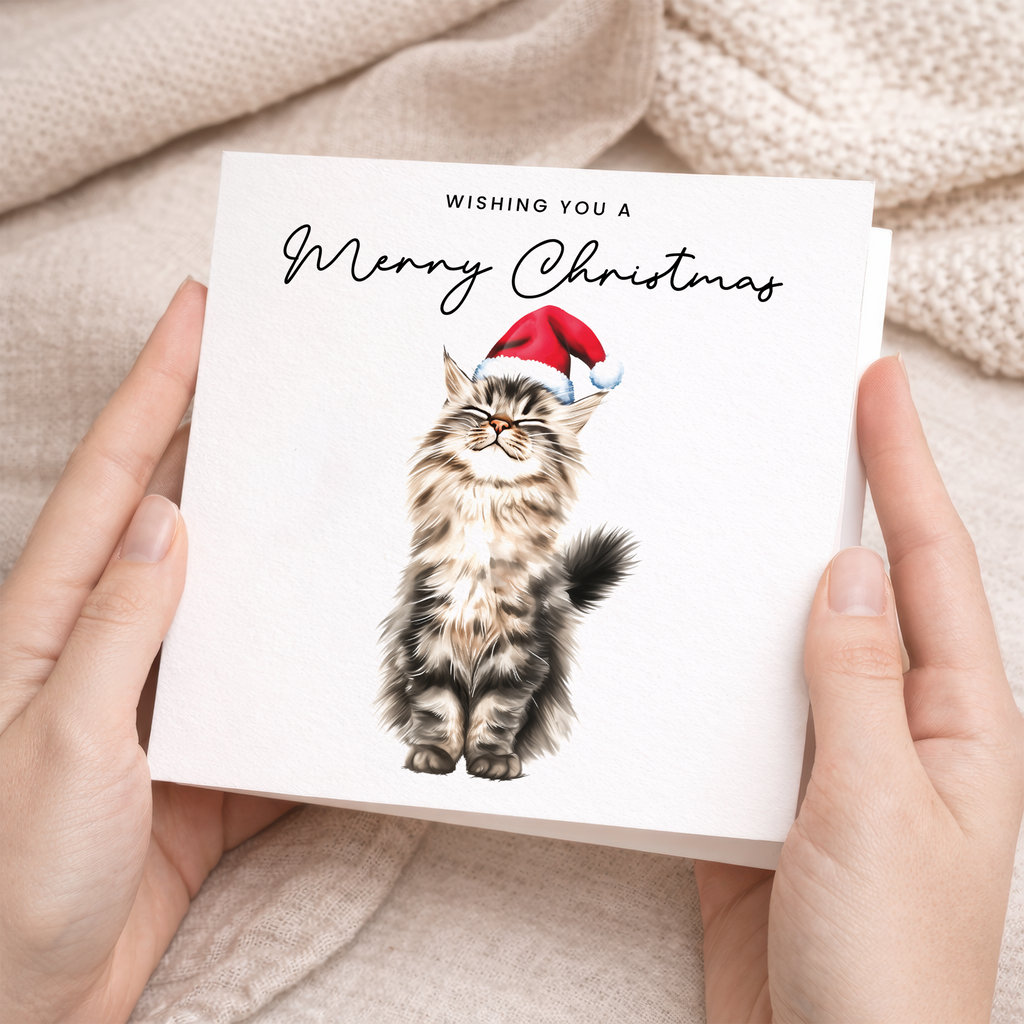 Fluffy Cat Christmas Card – Maine Coon Cat Lover Card – Eco Friendly “Merry Christmas” Card – Cute Pet Holiday Card