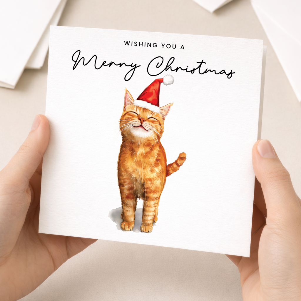 Ginger Cat Christmas Card – Cute Cat Lover Card – Eco Friendly “Merry Christmas” Card – Orange Tabby Cat Holiday Card