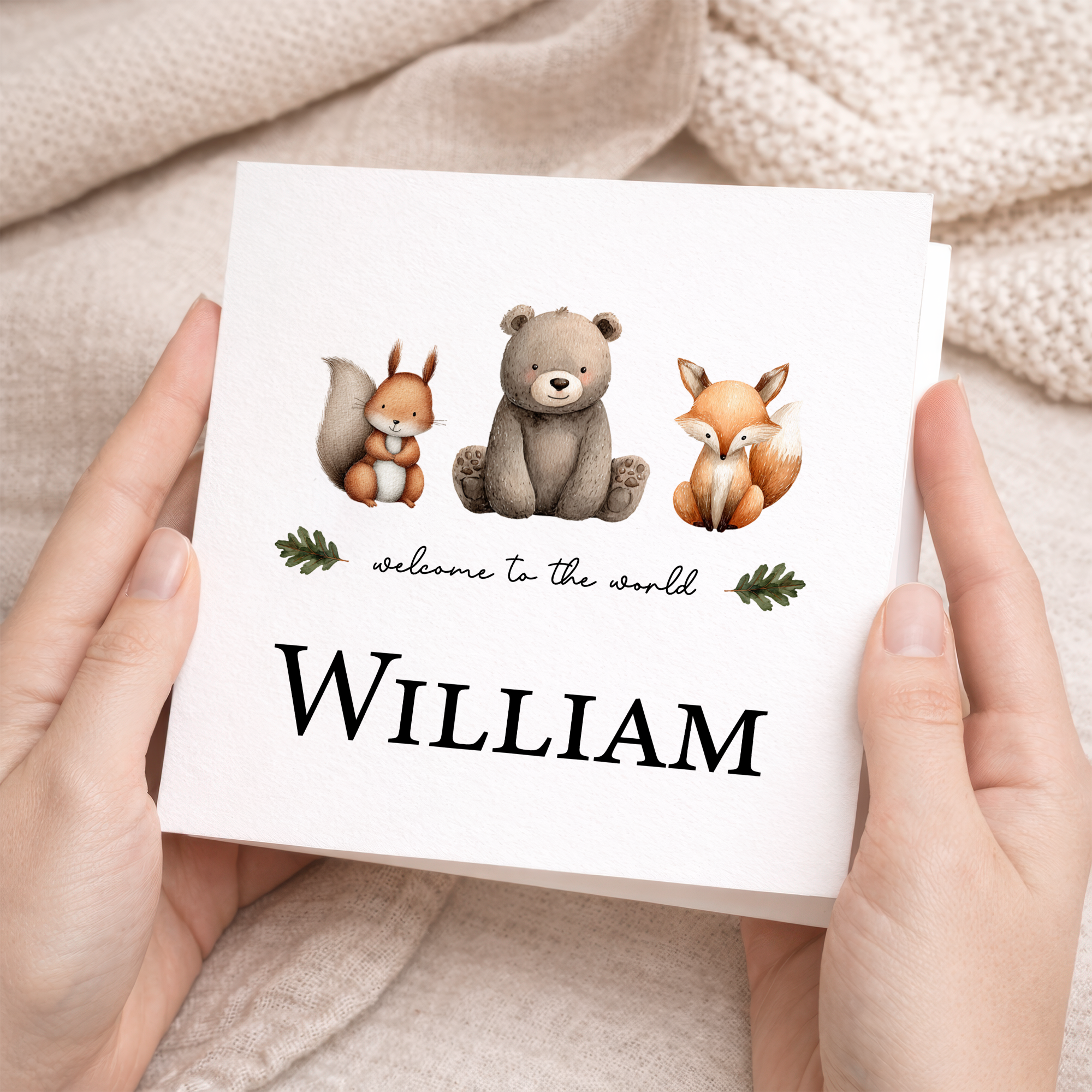 Personalised New Baby Card Woodland Creatures Cute Welcome To The World Card