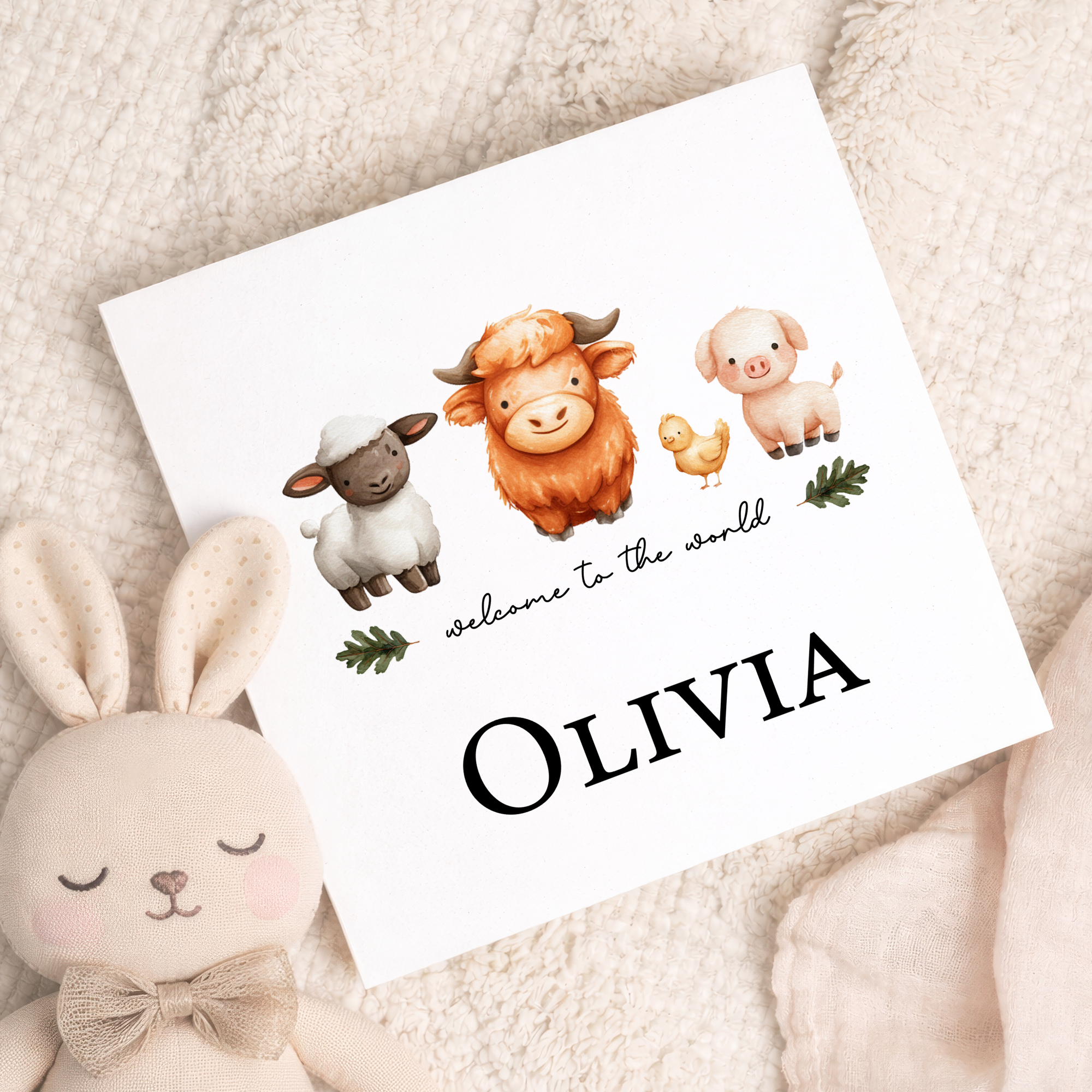 Personalised New Baby Card Farm Animals Cute Card For Boy or Girl