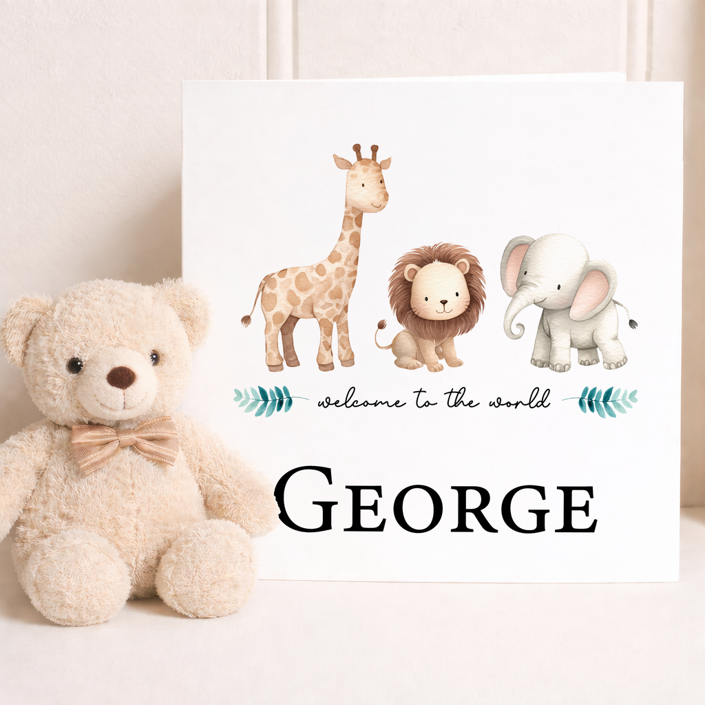 Personalised New Baby Card Safari Animals Cute For Boy or Girl
