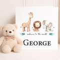 Personalised New Baby Card Safari Animals Cute For Boy or Girl