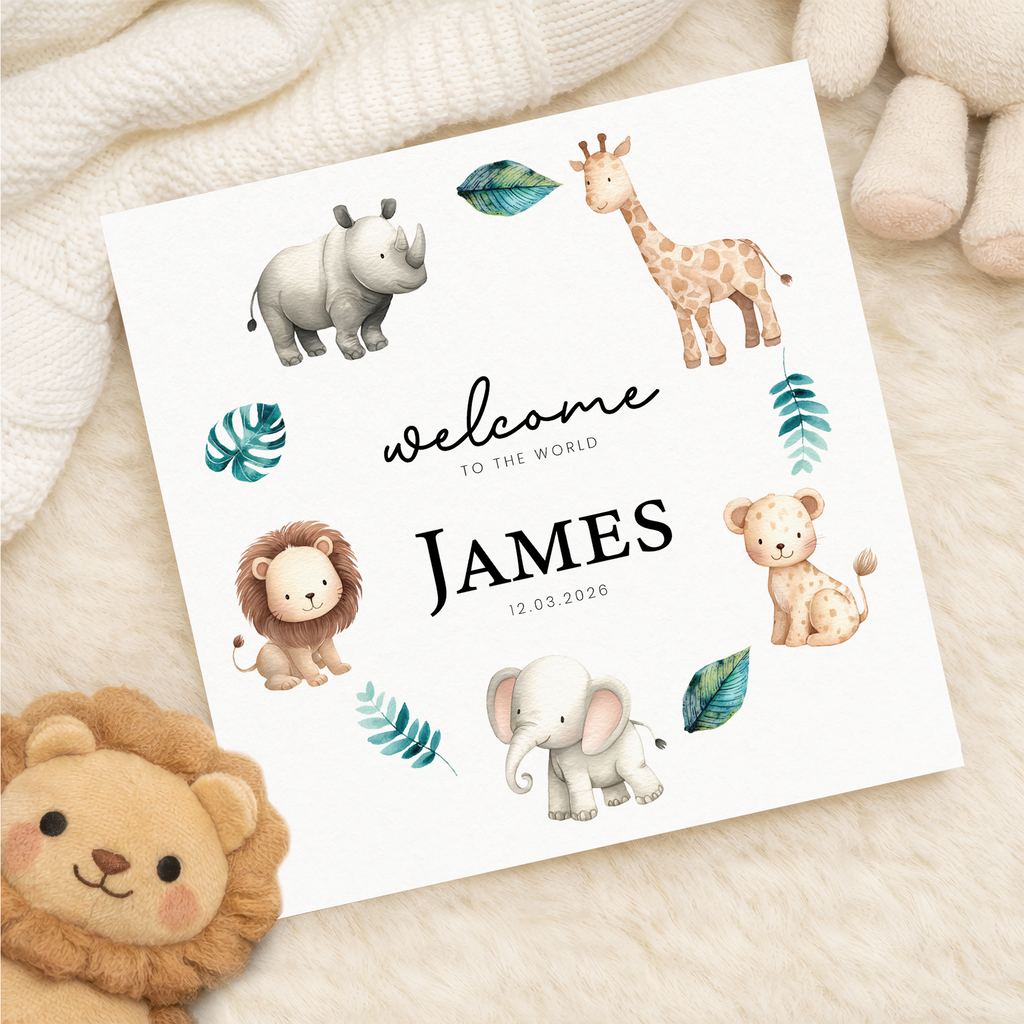 Personalised New Baby Card Safari Animals Cute Welcome To The World Card