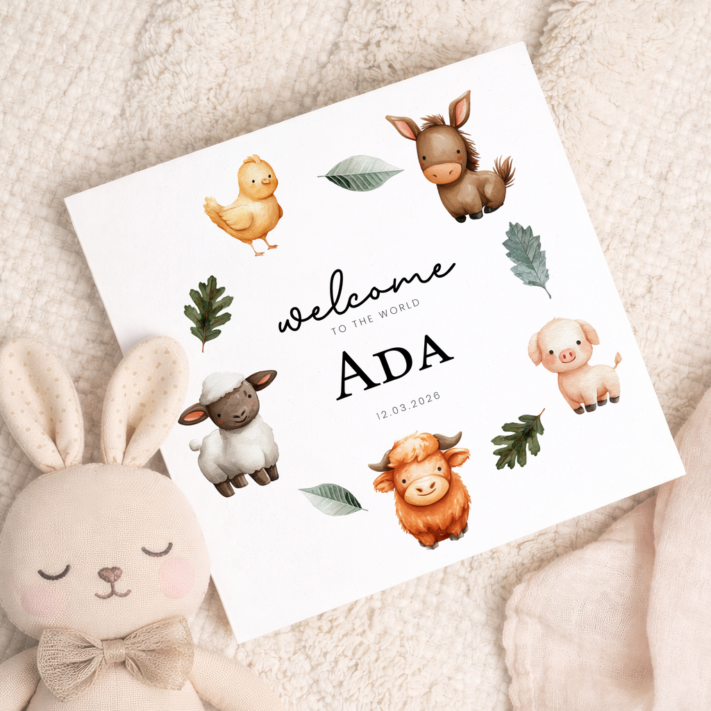 Personalised New Baby Card Farm Animals Cute Welcome To The World Card