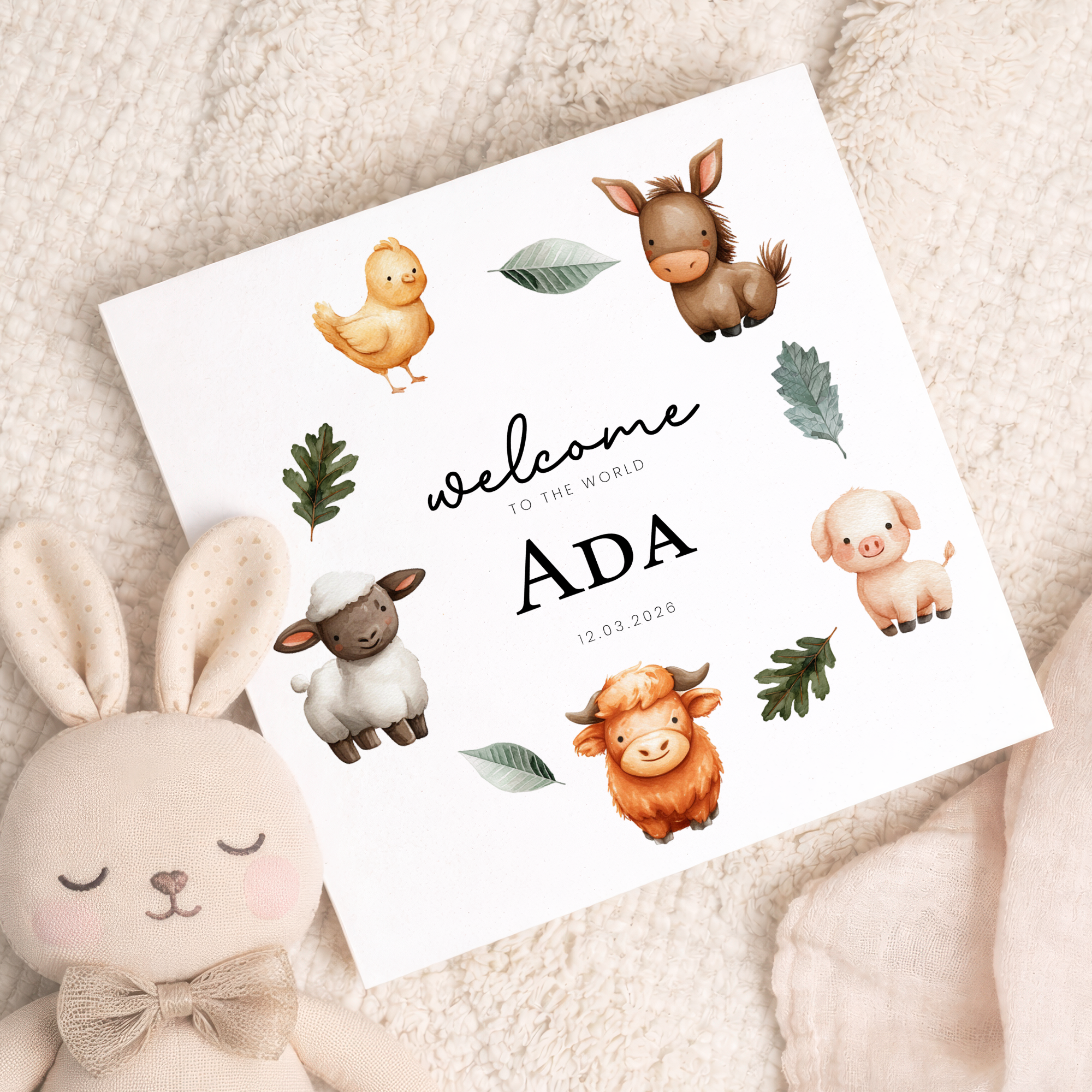 Personalised New Baby Card Farm Animals Cute Welcome To The World Card