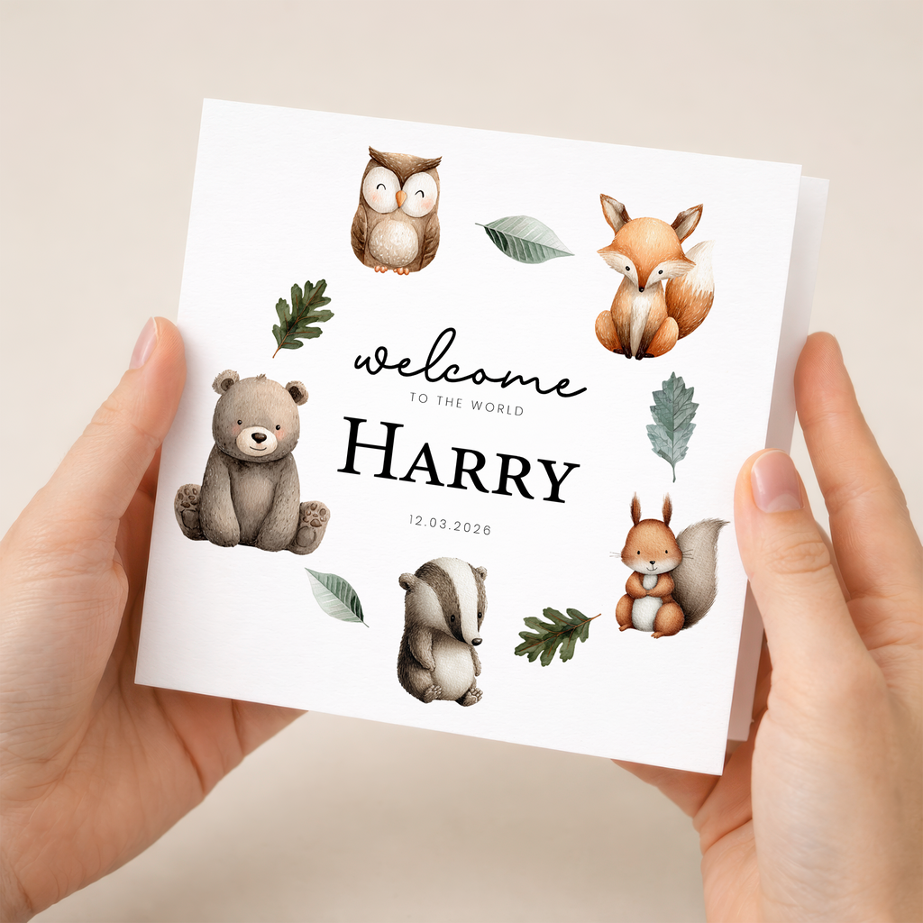 Personalised New Baby Card Woodland Animals Cute Welcome To The World Card