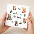 Personalised New Baby Card Woodland Animals Cute Welcome To The World Card