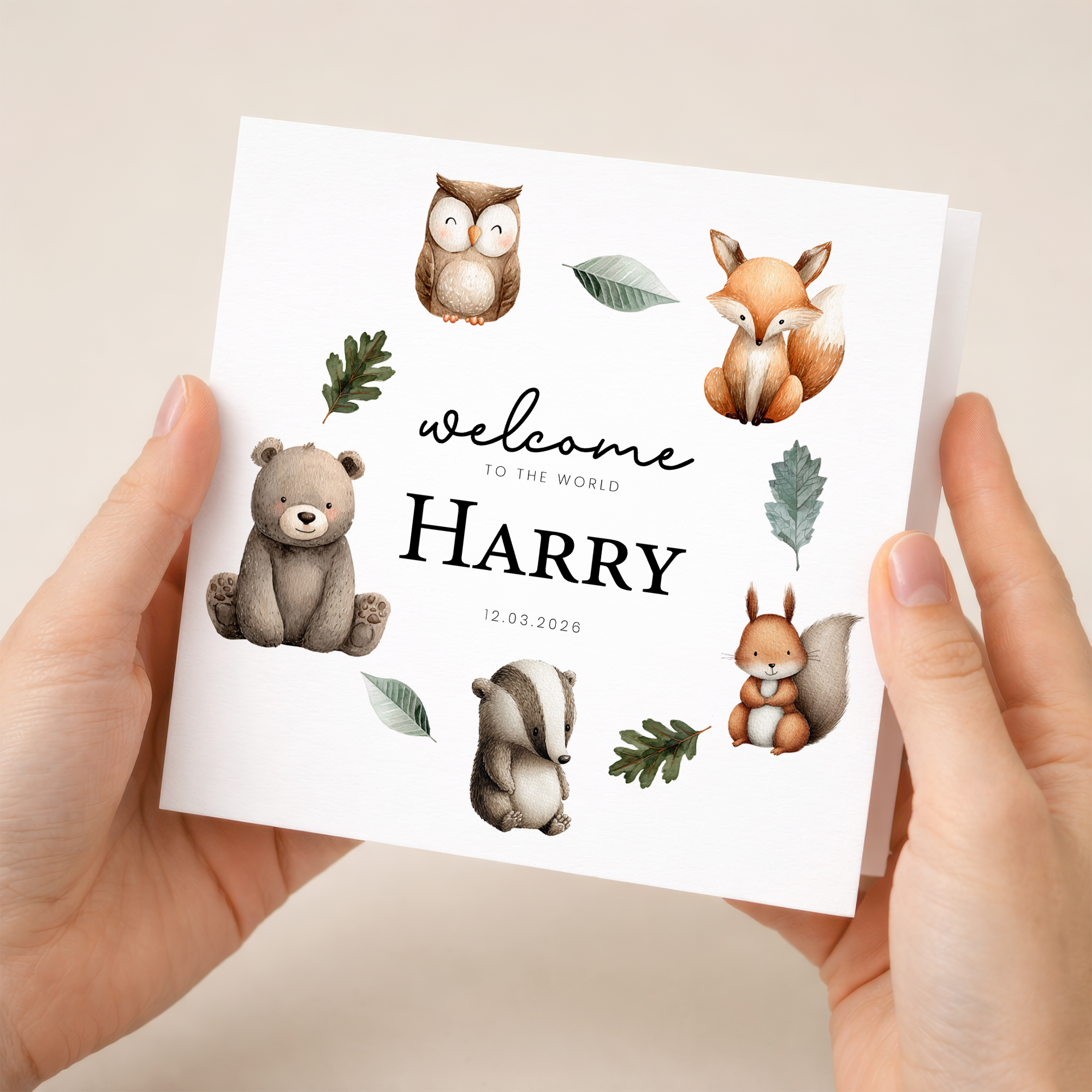 Personalised New Baby Card Woodland Animals Cute Welcome To The World Card