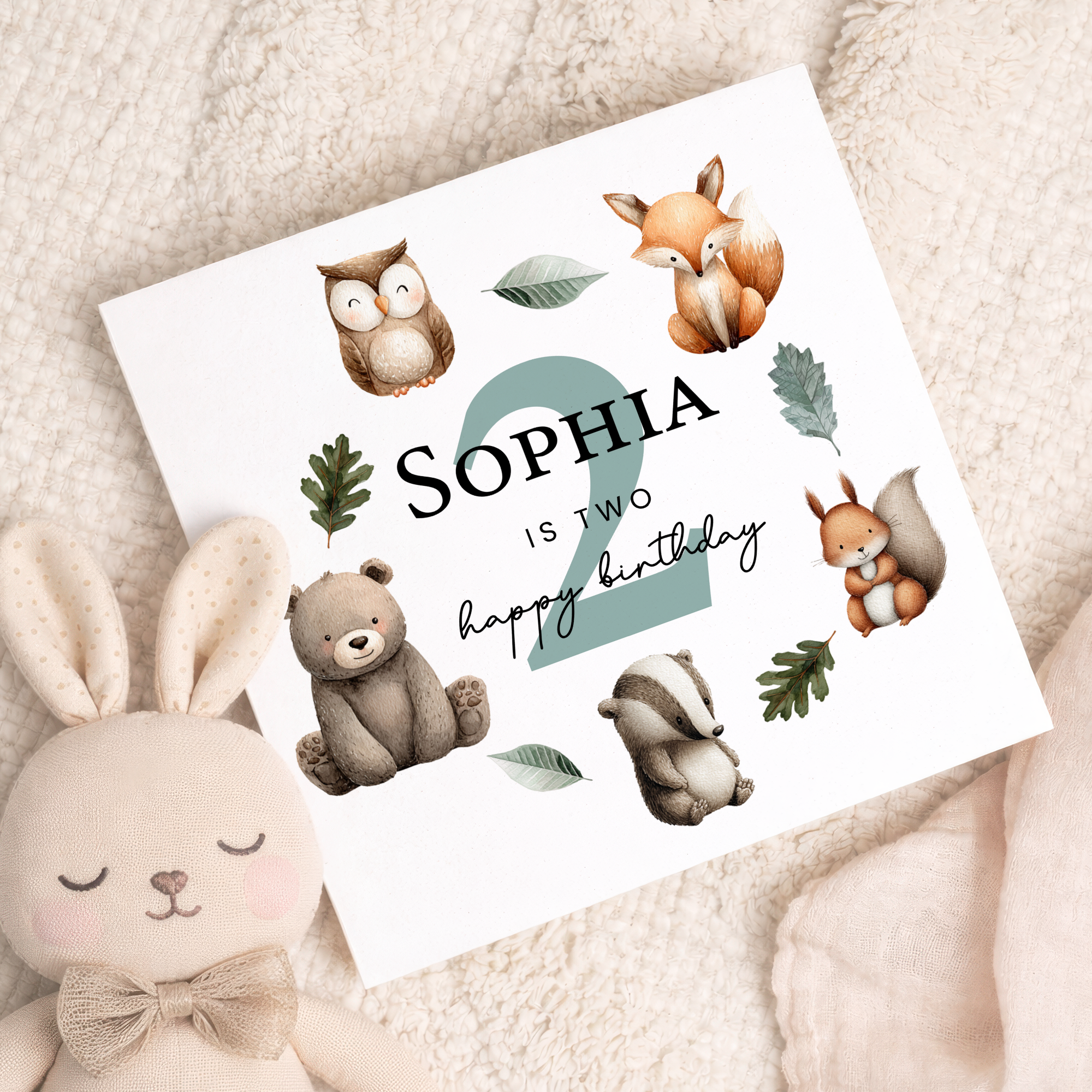 Personalised 1, 2, 3 Year Old Birthday Card For Boy of Girl Cute Woodland Animal Design
