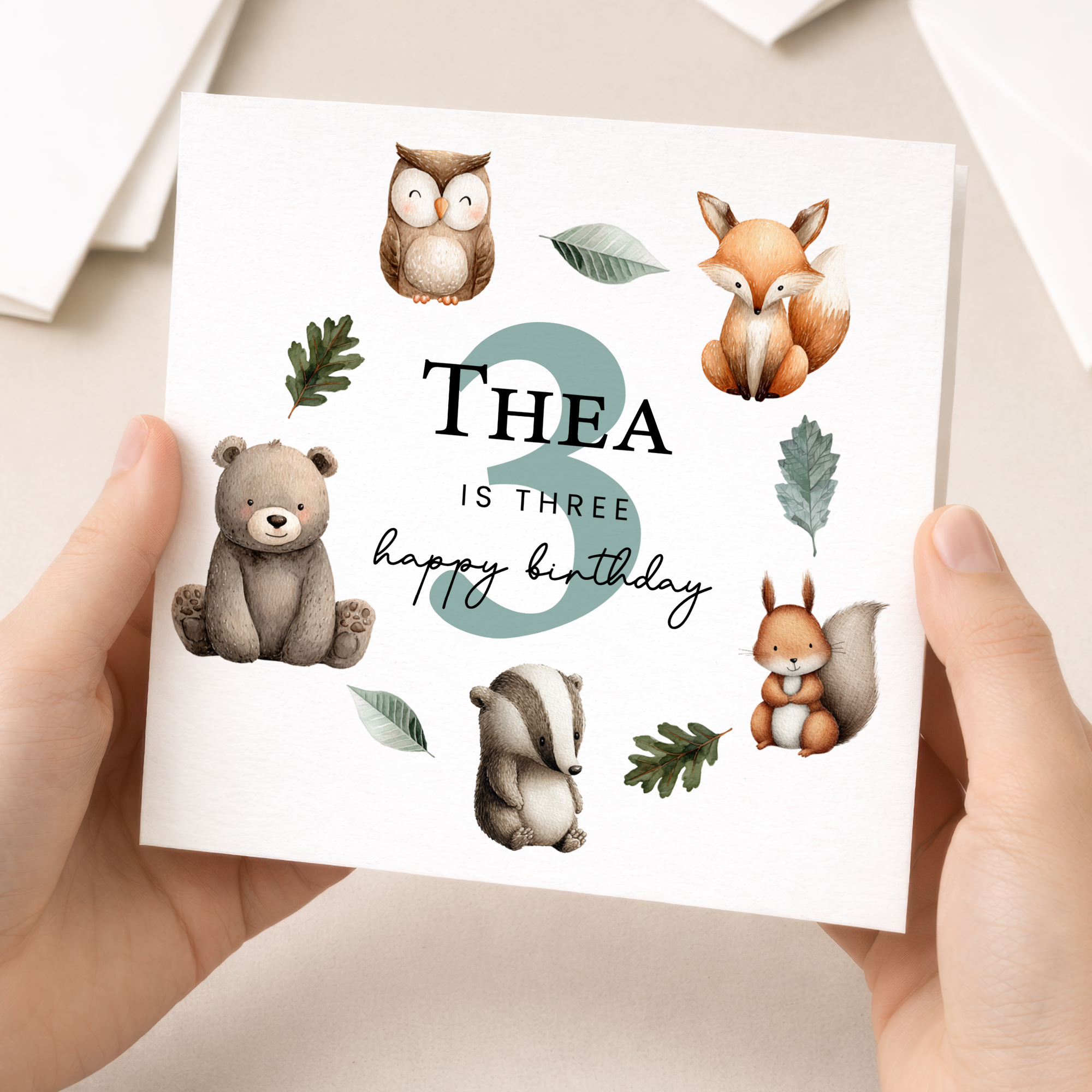 Personalised 1, 2, 3 Year Old Birthday Card For Boy of Girl Cute Woodland Animal Design