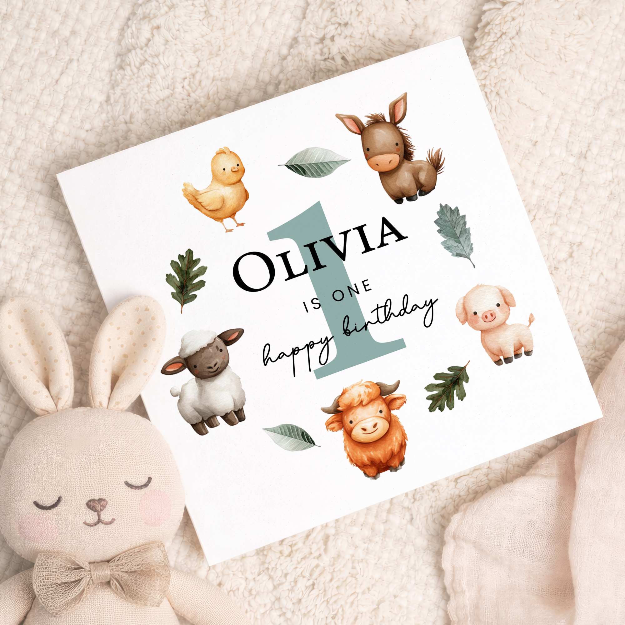 Personalised 1, 2, 3 Year Old Birthday Card For Boy of Girl Cute Farm Animal Design