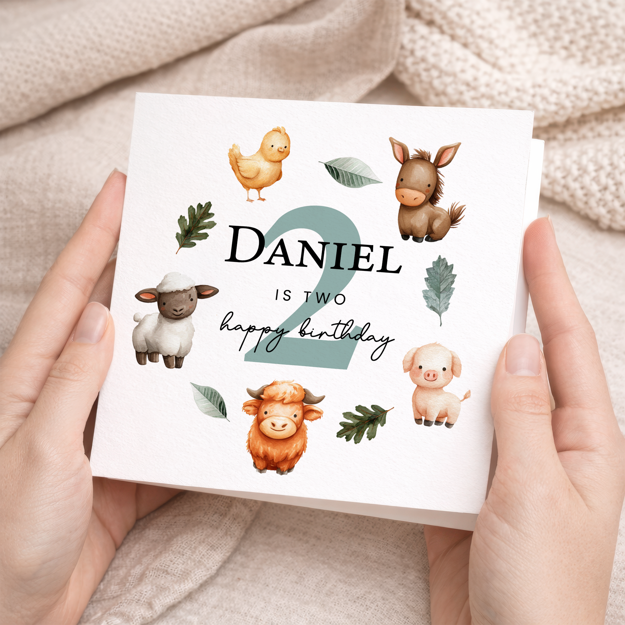 Personalised 1, 2, 3 Year Old Birthday Card For Boy of Girl Cute Farm Animal Design