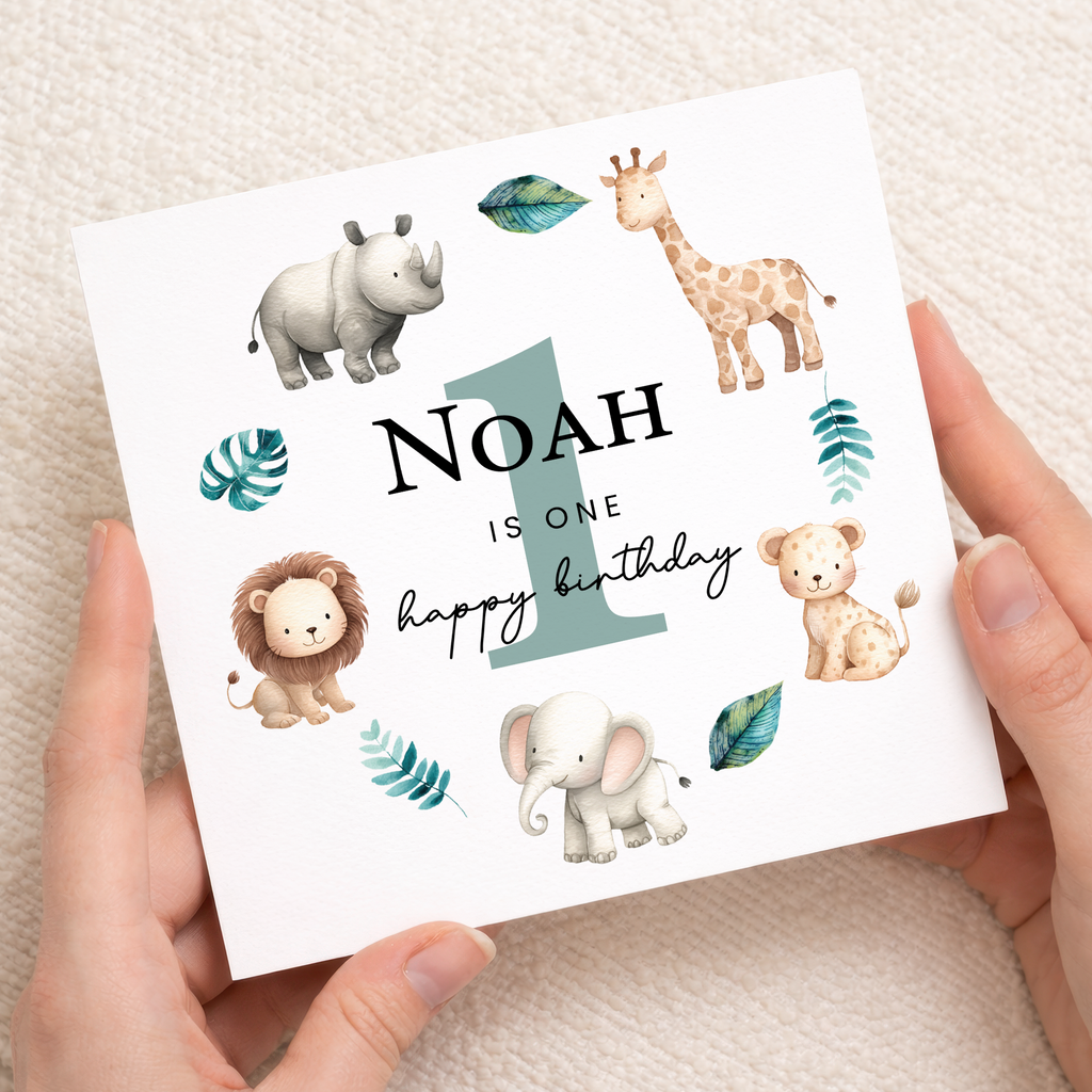 Personalised 1, 2, 3 Year Old Birthday Card For Boy of Girl Cute Safari Animal Design