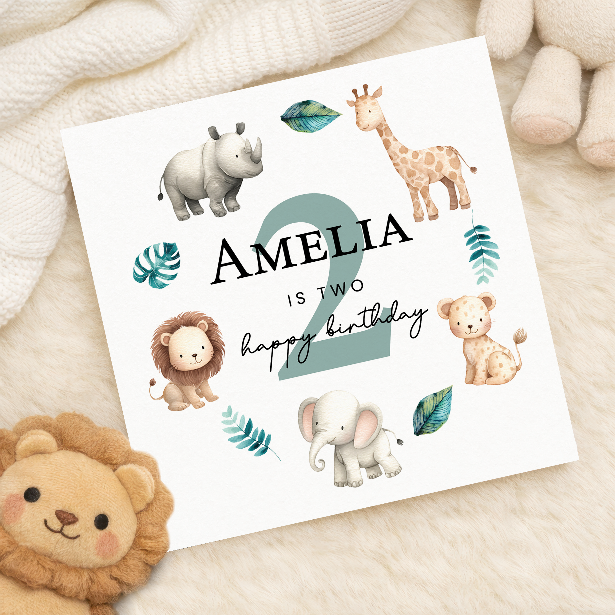 Personalised 1, 2, 3 Year Old Birthday Card For Boy of Girl Cute Safari Animal Design