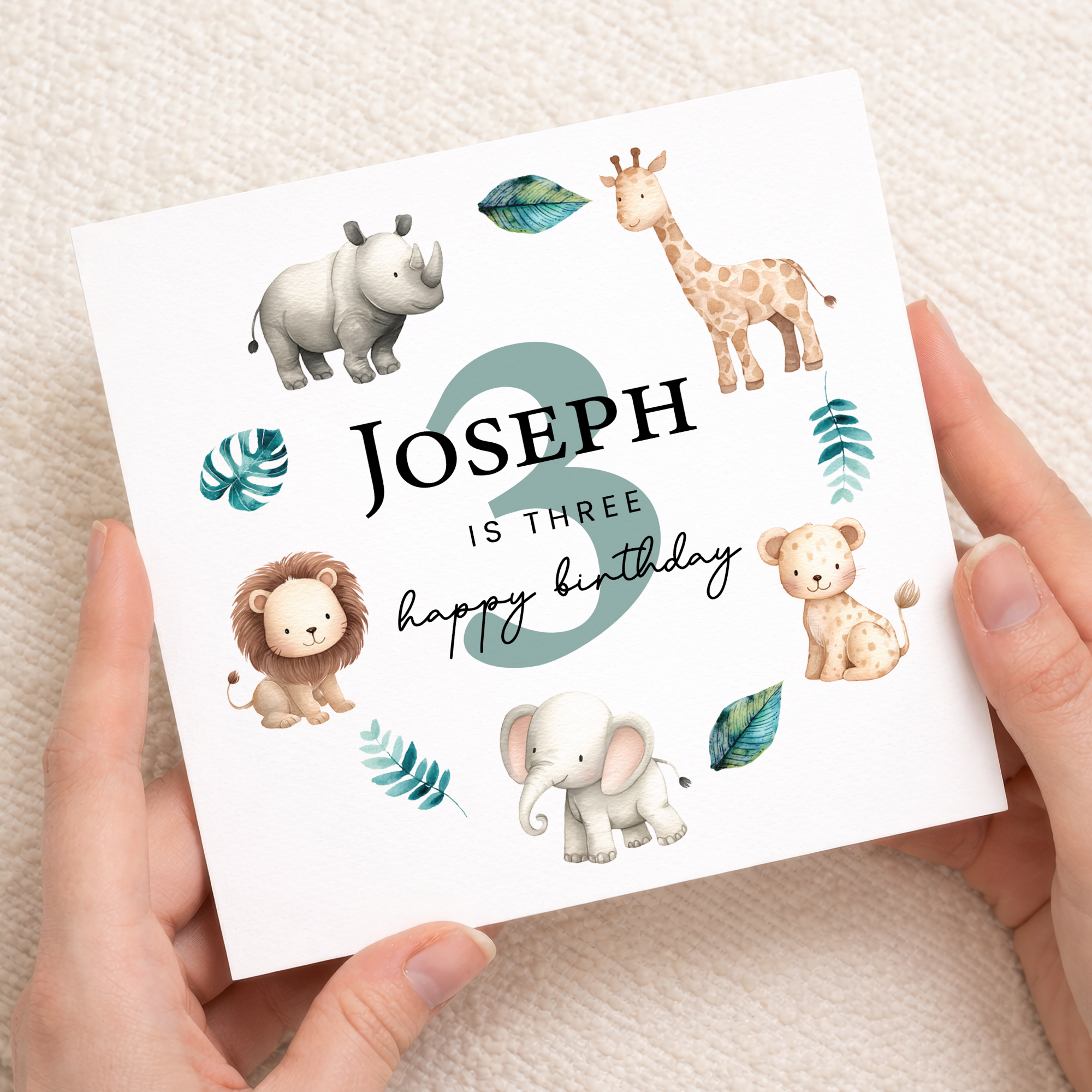 Personalised 1, 2, 3 Year Old Birthday Card For Boy of Girl Cute Safari Animal Design