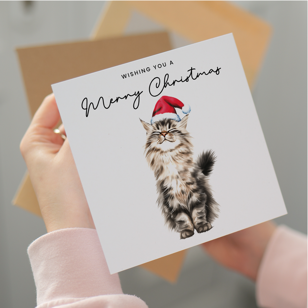 Fluffy Cat Christmas Card – Maine Coon Cat Lover Card – Eco Friendly “Merry Christmas” Card – Cute Pet Holiday Card