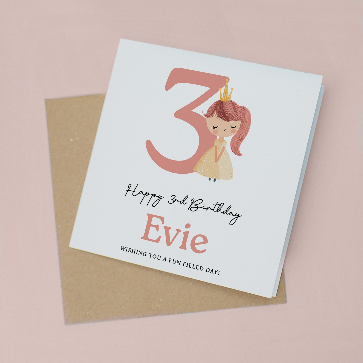Personalised Princess Birthday Card for Girls Age 3 4 5 6 – Cute Pink Princess Kids Birthday Card, Fun Party Card