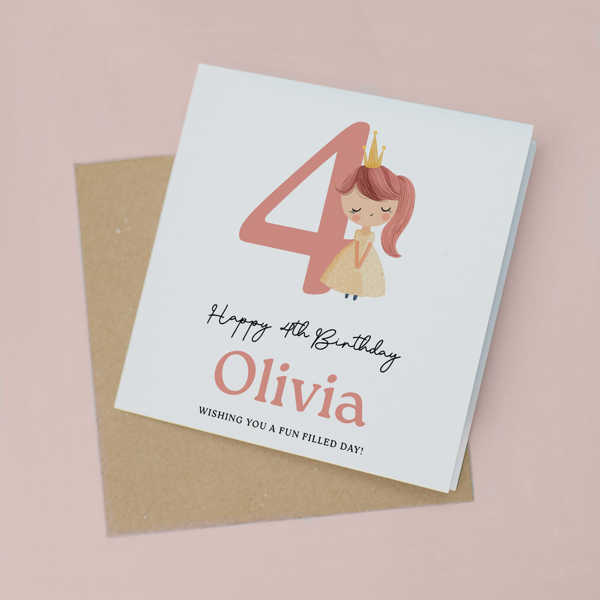 Personalised Princess Birthday Card for Girls Age 3 4 5 6 – Cute Pink Princess Kids Birthday Card, Fun Party Card