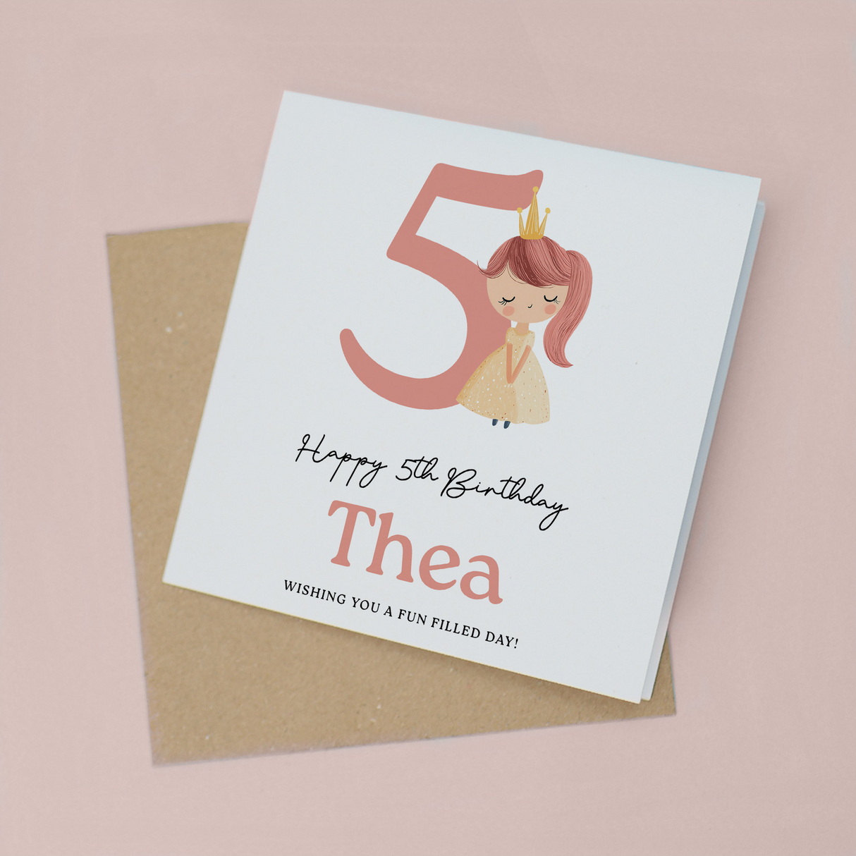 Personalised Princess Birthday Card for Girls Age 3 4 5 6 – Cute Pink Princess Kids Birthday Card, Fun Party Card