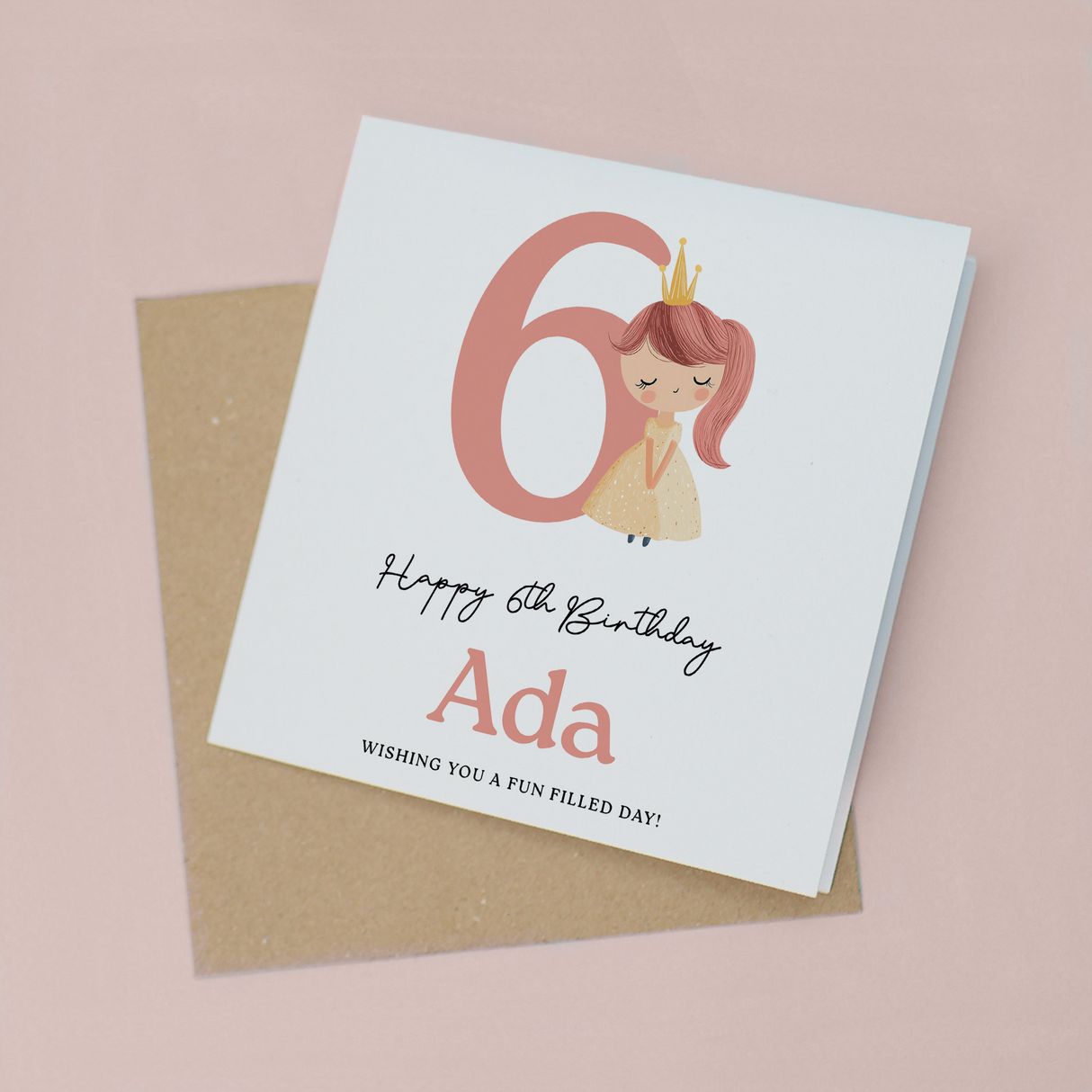 Personalised Princess Birthday Card for Girls Age 3 4 5 6 – Cute Pink Princess Kids Birthday Card, Fun Party Card