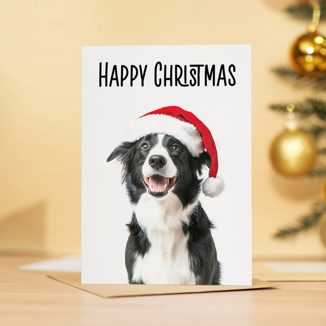 Collie Dog Santa Hat Christmas Card for Animal Lover Card for Him or Her
