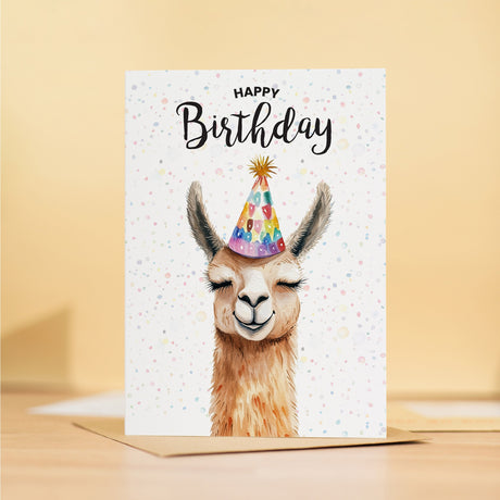 Birthday card showcasing a charming llama illustration, perfect as a birthday gift for him or her.