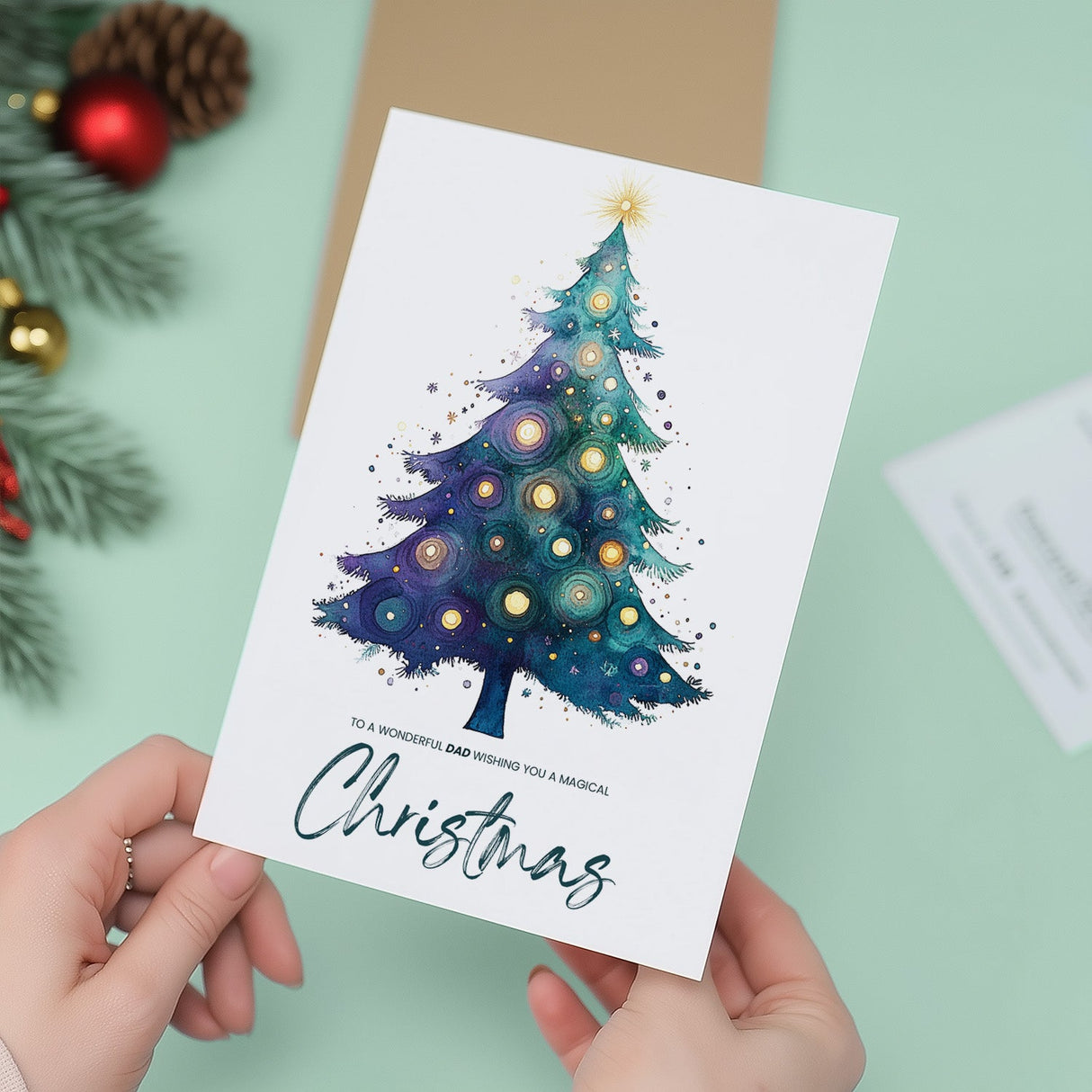Dad Christmas Card, Watercolour Tree Design, Perfect for Him, Holiday Greetings