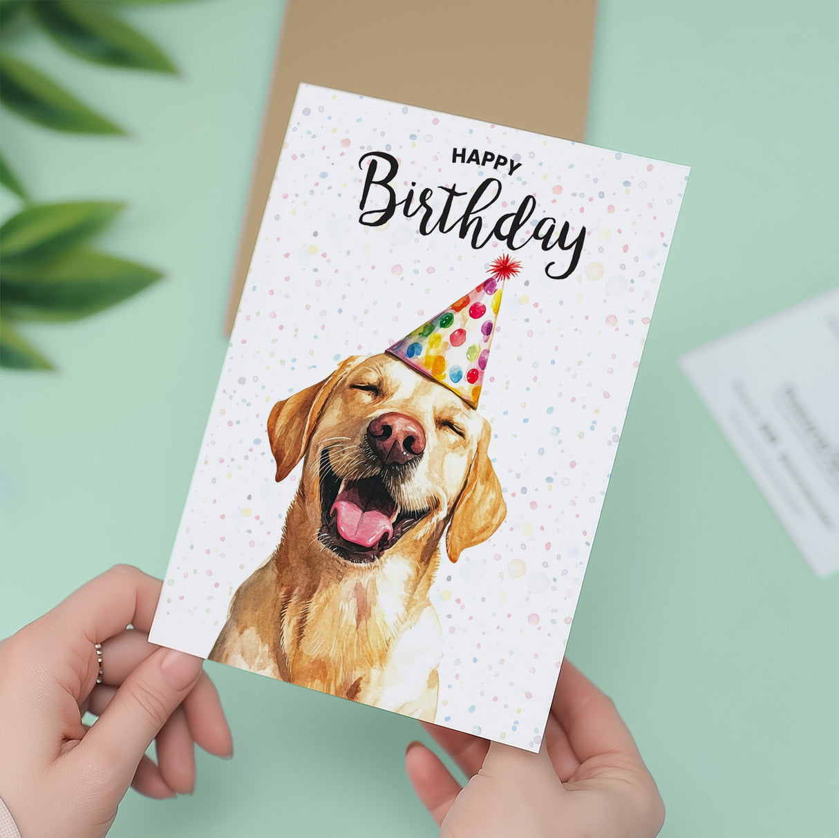 Birthday card featuring a charming illustration of a golden Labrador dog, perfect for him or her as a thoughtful birthday gift.