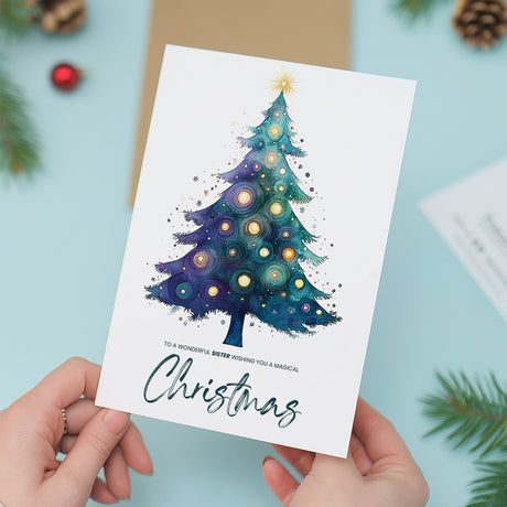 Sister Christmas Card, Watercolour Tree, For Her, Festive Greetings