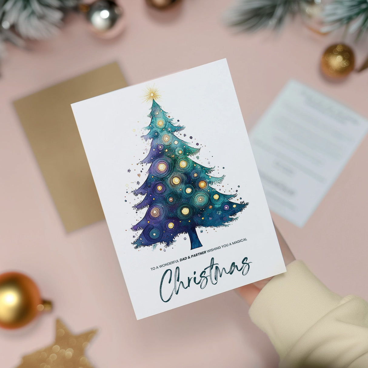 Dad & Partner Christmas Card, Festive Tree Design, Perfect Holiday Greeting