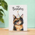 A birthday card featuring a charming tortoiseshell cat illustration, perfect as a gift for him or her.