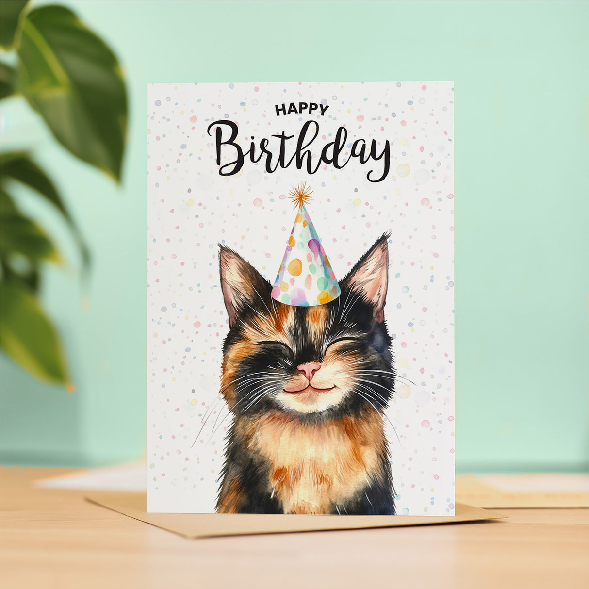 A birthday card featuring a charming tortoiseshell cat illustration, perfect as a gift for him or her.