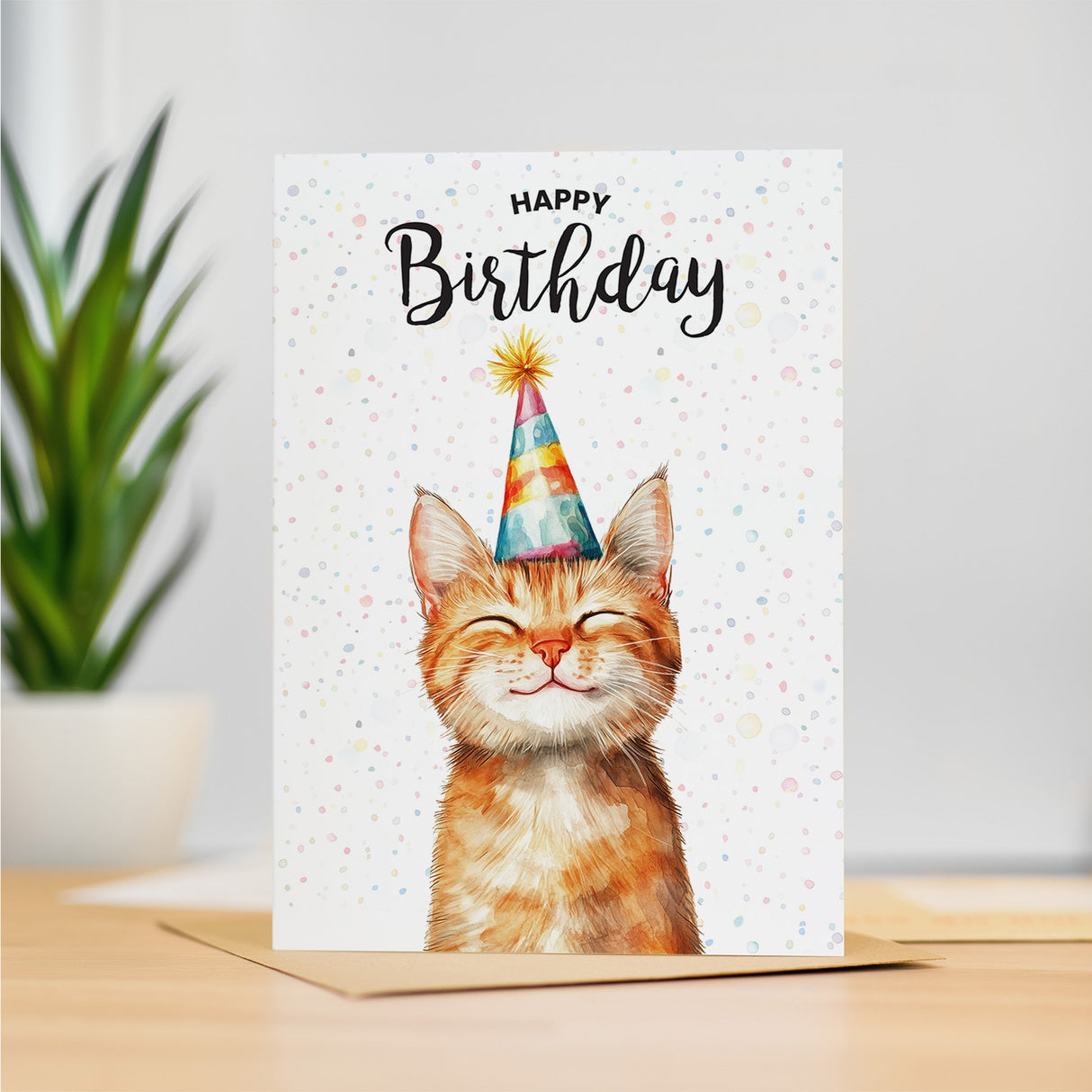 Birthday card featuring a charming ginger cat illustration, perfect as a gift for him or her.