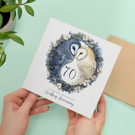 70th Wedding Anniversary Card Pretty Owl Design Platinum Anniversary Card